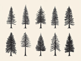 Fototapeta premium Collection of different pencil monochrome tree sketches, showcasing diverse types of trees. Each illustration highlights unique characteristics in artistic style.
