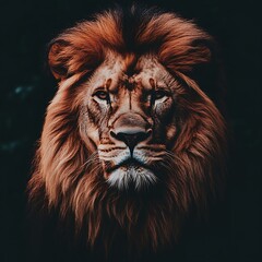 Naklejka premium Lion Portrait, Dramatic, Dark Background, Wildlife, Close-Up