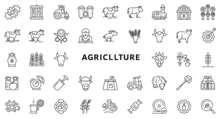 A comprehensive collection of agriculture icons showcasing farming tools, livestock, and crops in a clean, minimalist line art style.