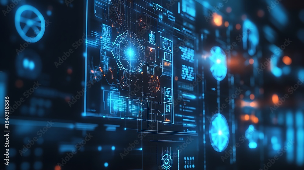 Poster a futuristic physics lab with digital interfaces for exploring the behavior of subatomic particles i