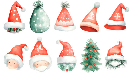 Festive Watercolor Set of Christmas Hats Cartoon Vector Illustration