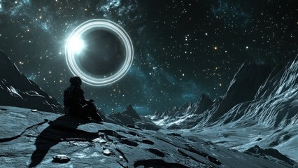 Astronaut Contemplating a Celestial Landscape on an Alien Moon