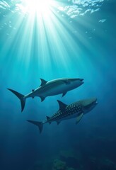 Fototapeta premium Celebrate world aquatic day with this captivating underwater scene featuring a graceful shark and a majestic whale shark swimming in sunlit waters.