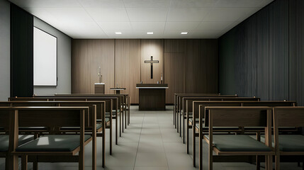 Fototapeta premium Empty Modern Chapel Interior With Wooden Pew