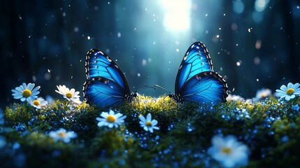 Blue Morpho Butterflies in Mystical Forest Setting