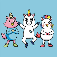 Naklejka premium Cute Cartoon Animals. Unicorn. Cat. and Bird Illustration