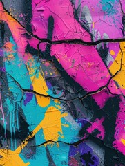 Fototapeta premium Cracked surface displays vibrant graffiti layers under soft lighting, showcasing urban artistry and creative chaos