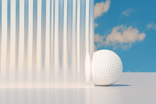 A golf ball partially hidden by a refracted glass against a blue sky with clouds. 3d rendering