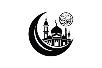Islamic Mosque Silhouette with Crescent Moon and Arabic Calligraphy