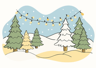 Obraz premium Snowy Winter Landscape with Christmas Trees and Lights