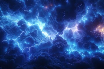 Fototapeta premium Blue plasma arcs crackle against a dark background, forming intricate patterns and glowing brightly