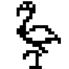 a simple, pixelated image of a flamingo in a minimalist style, it is standing, with its distinctive long neck and legs