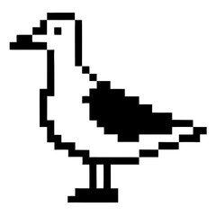 Obraz premium a pixelated seagull in a minimalist black and white design, offering a vintage, nostalgic aesthetic. The design is simple, making it ideal for retro-themed projects