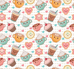 seamless pattern with kawaii cupcake, cookie and coffee