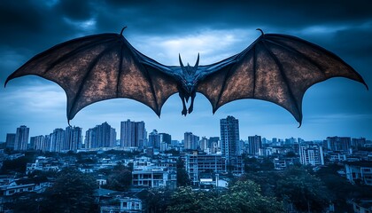 Dragon soaring over city under dark skies. Fantasy backdrop