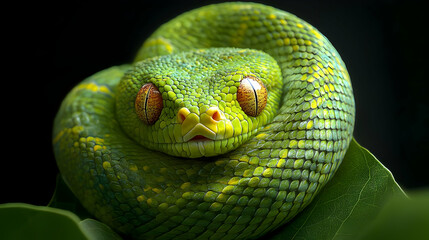 Closeup Of Coiled Green Snake
