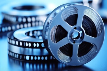 Film reels on blue background
