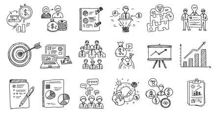 A dynamic collection of hand-drawn business icons depicting teamwork, growth, strategy, and financial success with simple line art style.