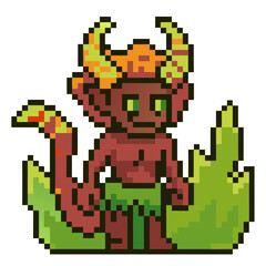 Obraz premium a pixelated character of a small devil with red skin and horns, surrounded by flames 