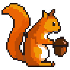 Obraz premium Pixelated squirrel holding a acorn. The squirrel is depicted with a brown body and holding a brown acorn, creating a playful and charming scene