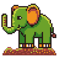 an adorable pixel art elephant with green and orange color, created using square pixels, showcasing a unique artistic style