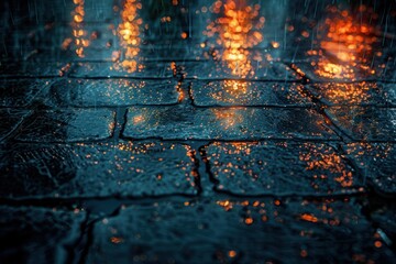 Ambient light reflects off the wet asphalt, enhancing the textures and creating a vivid, moody atmosphere on the street