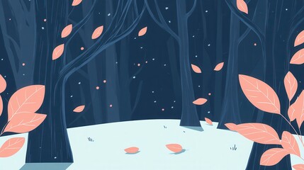 Winter Forest Scene with Falling Leaves, and Snowy Ground.