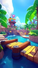 3D island scene with colorful hut near a river, with a foot bridge on a sunny day for game backgrounds