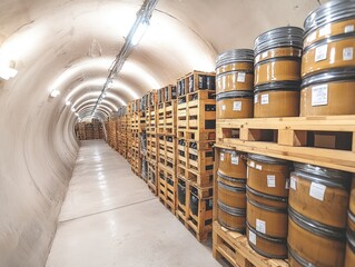 Storage area filled with stacked crates and barrels in a fallout shelter environment
