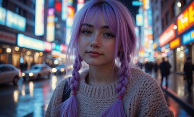 Young woman with purple hair at night