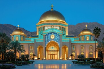 Golden monastery dome shines in early morning sunlight amidst majestic mountains