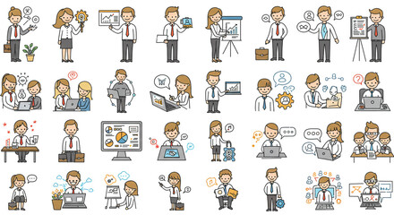 Obraz premium A vibrant collection of diverse business professionals collaborating and innovating, showcasing their teamwork and individual talents with clean line art and bright colors.
