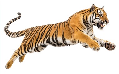 Obraz premium Tiger Jumping Isolated on White Background Aggressively Showing Teeth