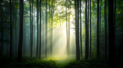 Obraz premium Sunlight Streaming Through Dense Forest Canopy Illuminating Misty Atmosphere
