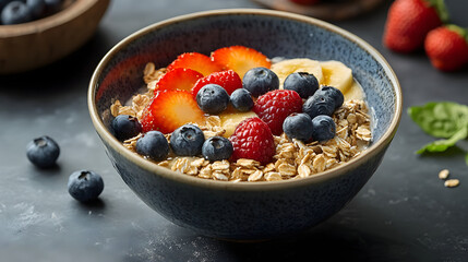 A nutritious breakfast bowl filled with oats, strawberries, blueberries, and banana, evoking freshness and vitality.