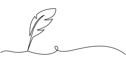 continuous line classic quill pen.one line drawing of quill pen.single line vector illustration.isolated white background, Scroll with inkwell and feather continuous line drawing. One line art of love