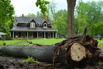 Fototapeta premium Displaced Tree Trunk After Storm: Impact of Disaster on Residential Yard
