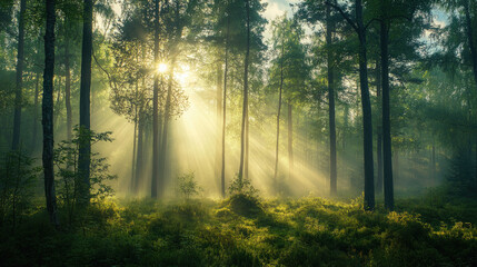 Tranquil Forest Scene with Sunlight Streaming Through Dense Trees, Illuminating Lush Greenery and Casting Gentle Shadows