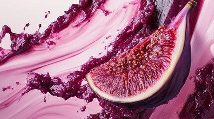 Dynamic close-up of a sliced fig with red liquid splash
