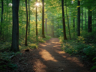 Obraz premium Serene Forest Path Surrounded by Tall Trees, Lush Green Foliage, and Soft Dappled Light Filtering Through the Canopy