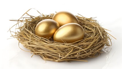 Obraz premium Golden Eggs in Bird's Nest with Twigs and Straw. Golden Eggs in a Straw Nest – Symbol of Wealth and Prosperity