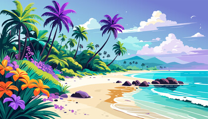 A tropical beach scene with palm trees and a rocky shoreline. The sky is blue and there are some clouds. Scene is peaceful and relaxing