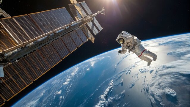 International Space Station Anniversary: Astronaut Spacewalk Repairing Panels with Earth Backdrop – Educational Video Asset