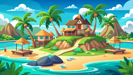 Exotic paradise island with palm trees, turquoise lagoon, sandy beach, and luxury bungalows.