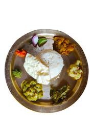 Assamese food thali with rice, dal, with sabji. Traditional platter from Assam Assamese Thali , India
