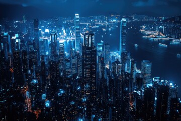 Obraz premium Nocturnal Majesty: Illuminated Urban Skyline of New York City Under a Blue Filter