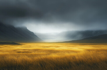 Fototapeta premium Cinematic wide shot of Icelandic valley with yellow grass and dark mountains under cloudy sky