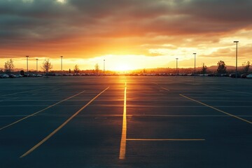Serene Carpark at Sunset: An Empty Town Square Evoking Tranquility and Stillness