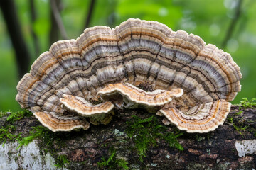 Arafed mushroom on a log with leaves and moss