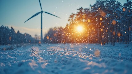 Snowy landscape with wind turbine at sunset.